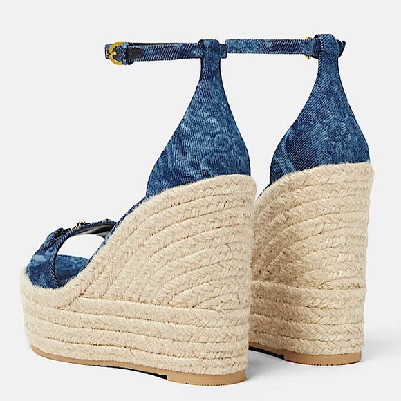 NEW VERSACE ‘95 Medusa Crystals Denim Barocco Print Platform Wedge Sandals 41 - Picture 4 of 16